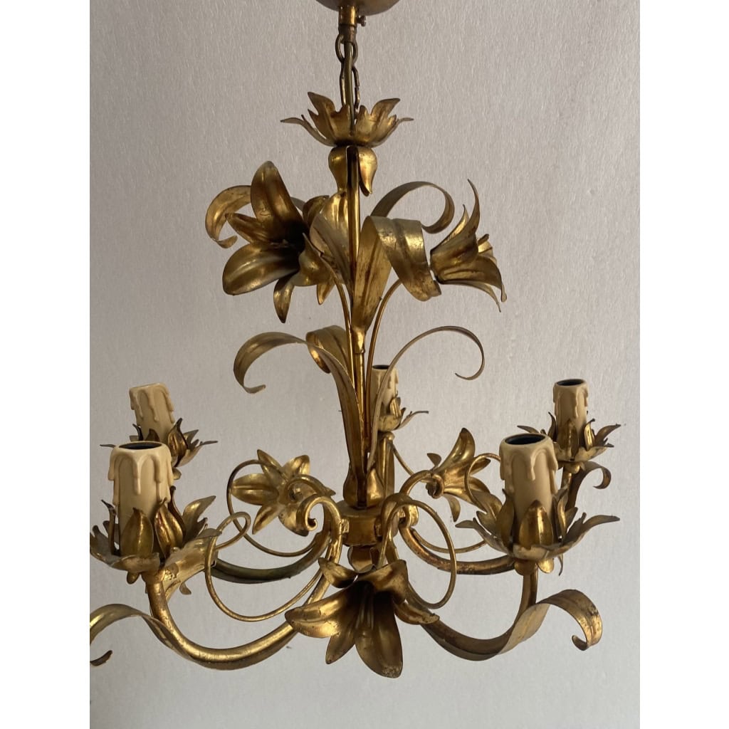 1970′ Lustre Aux Liserons Fer Doré 5 Bras | Biron 1970′ Lustre Aux Liserons Fer Doré 5 Bras
