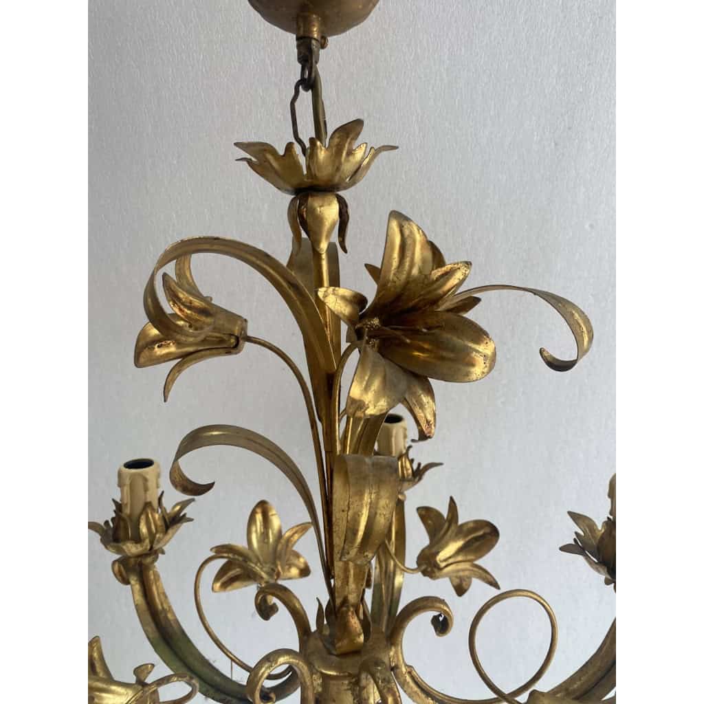 1970′ Lustre Aux Liserons Fer Doré 5 Bras | Biron 1970′ Lustre Aux Liserons Fer Doré 5 Bras