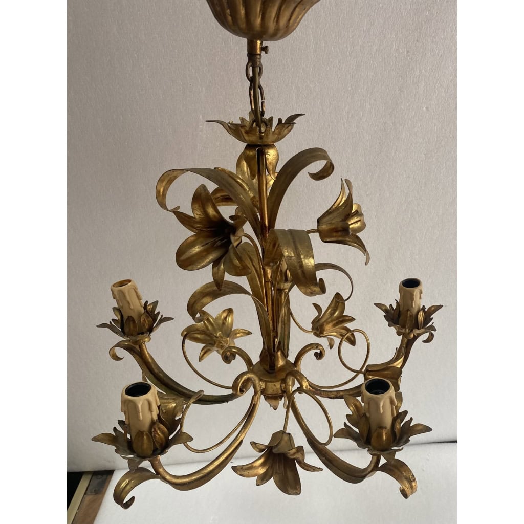 1970′ Lustre Aux Liserons Fer Doré 5 Bras | Biron 1970′ Lustre Aux Liserons Fer Doré 5 Bras