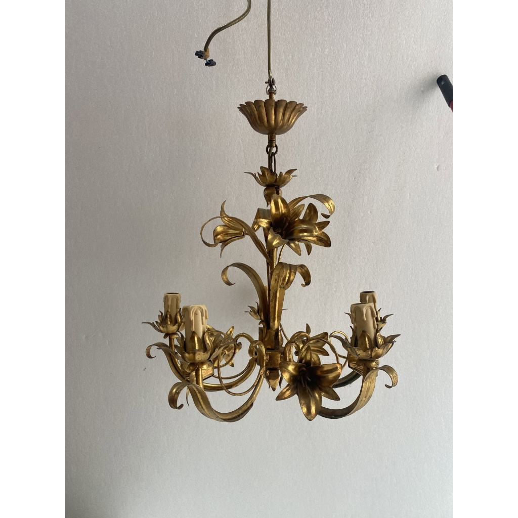 1970′ Lustre Aux Liserons Fer Doré 5 Bras | Biron 1970′ Lustre Aux Liserons Fer Doré 5 Bras