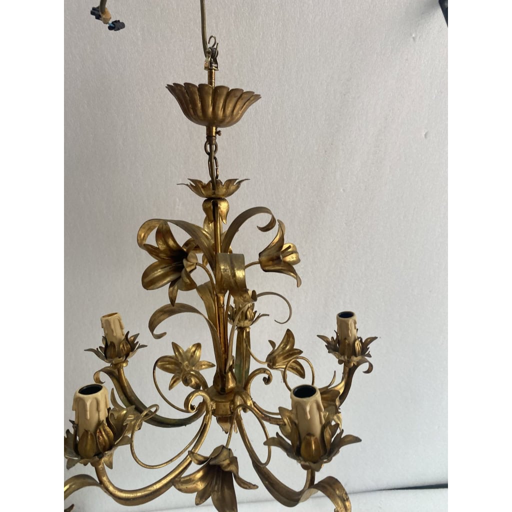 1970′ Lustre Aux Liserons Fer Doré 5 Bras | Biron 1970′ Lustre Aux Liserons Fer Doré 5 Bras