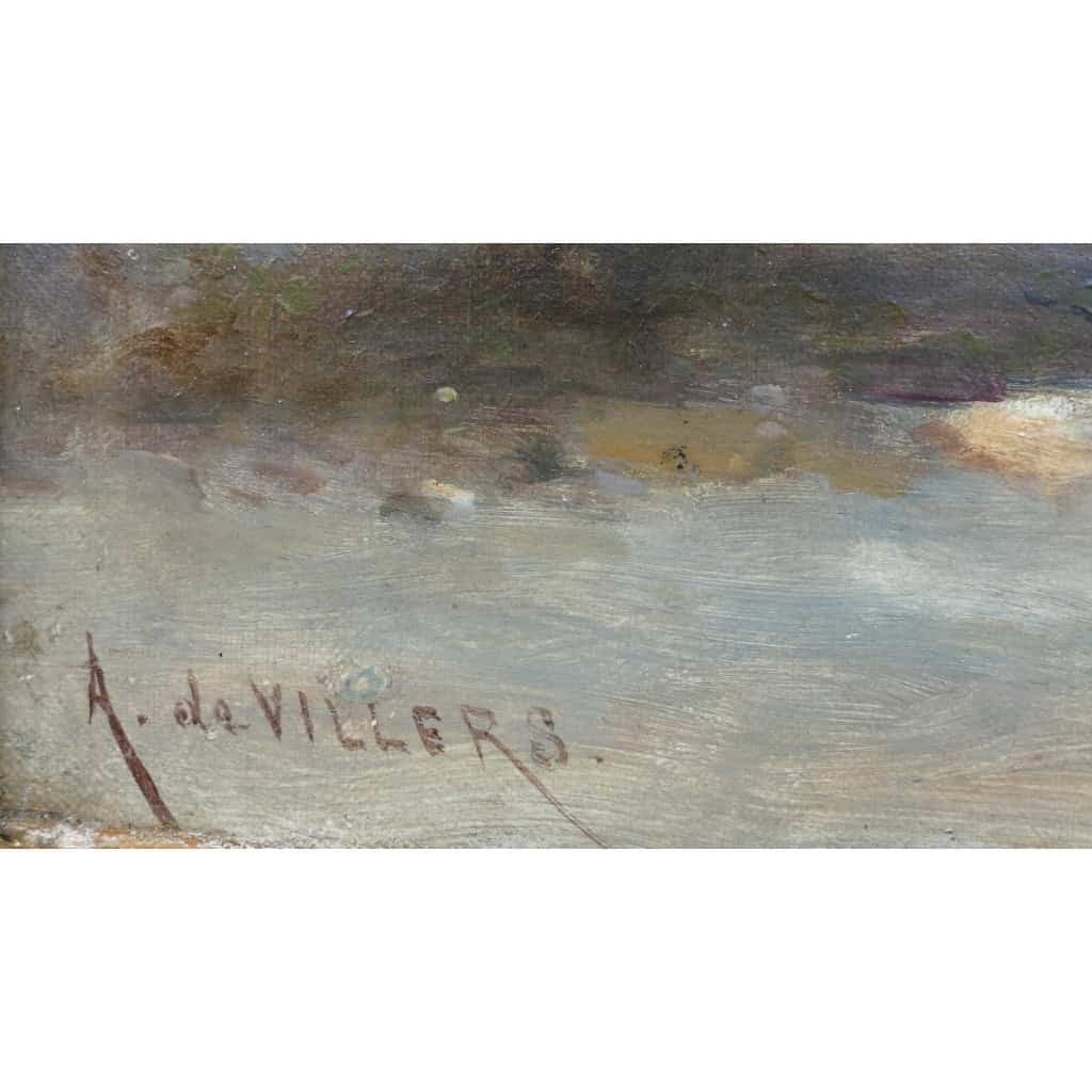 De Villers Adolphe Ecole Française Promenade Le Long De La Rivière Huile Sur Toile Signée Certificat d'authenticité