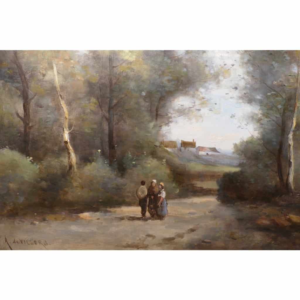De Villers Adolphe Ecole Française Promenade Le Long De La Rivière Huile Sur Toile Signée Certificat d'authenticité