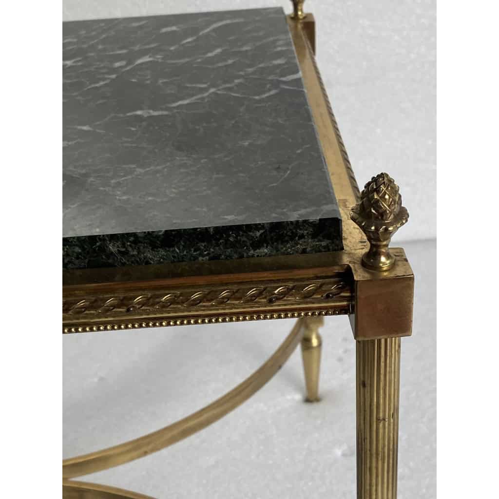 1950/70 Table Basse Ou Bout De Canapé Bronze Doré Maison Jansen Ou Maison Charles Ou Maison Bagués Plateau Marbre Vert De Mer Avec Entretoise 3