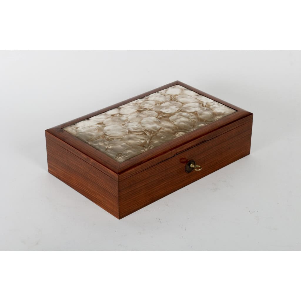 Coffret Boîte « Monnaie du Pape » verre blanc patiné sépia et bois de René LALIQUE | Biron |||||||