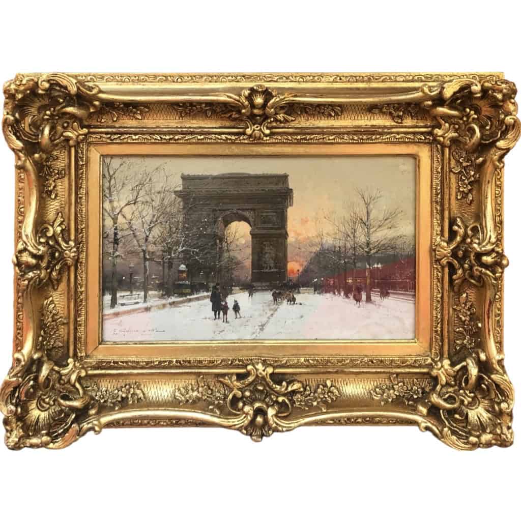 GALIEN LALOUE Peinture Française 20è Paris Les Champs Elysées Et l’Arc De Triomphe en hiver Gouache signée Certificat d’authenticité | Biron |||||||||||
