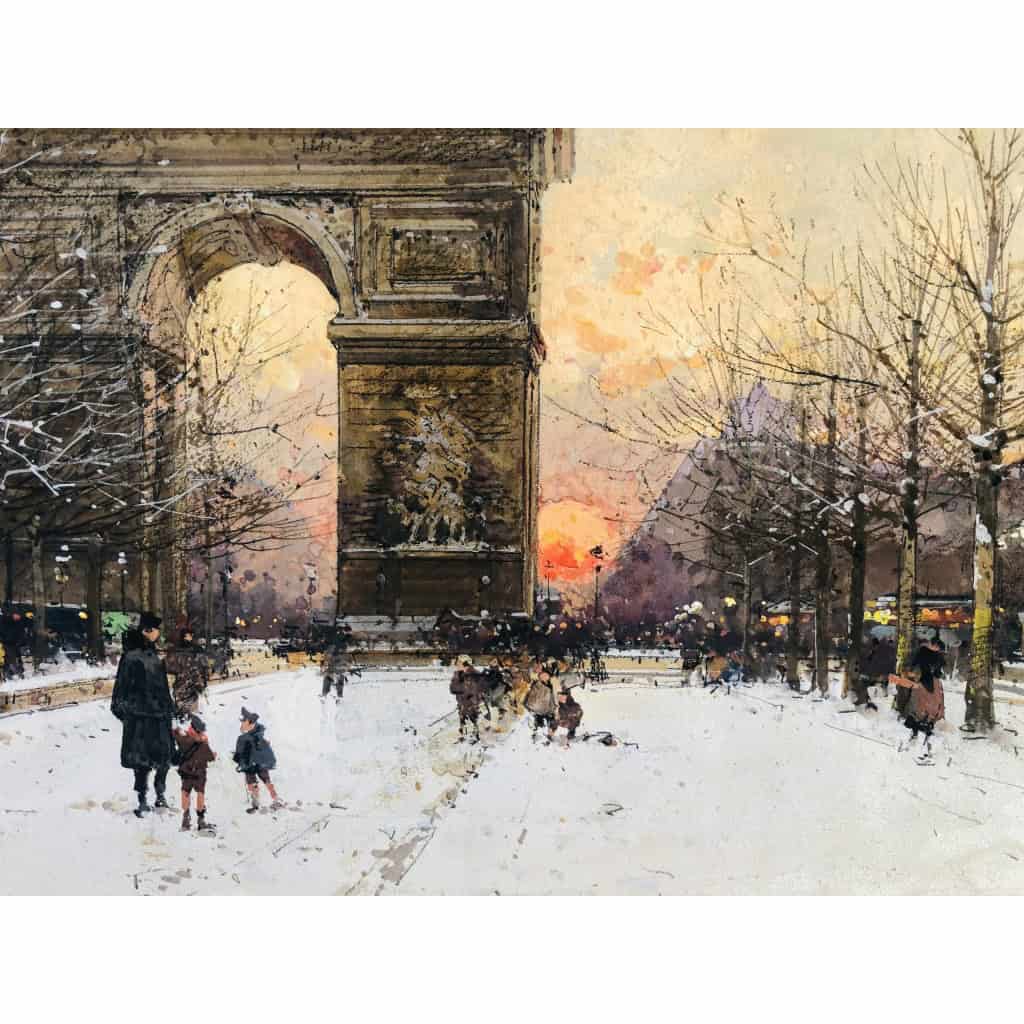 GALIEN LALOUE Peinture Française 20è Paris Les Champs Elysées Et l’Arc De Triomphe en hiver Gouache signée Certificat d’authenticité | Biron GALIEN LALOUE Peinture Française 20è Paris Les Champs Elysées Et l'Arc De Triomphe en hiver Gouache signée Certificat d’authenticité