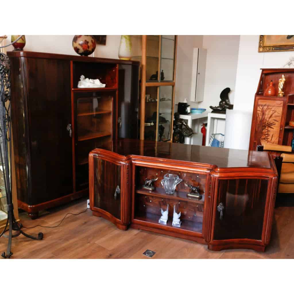 Ensemble de bureau en palissandre de Rio, Placage soleil, 1925 signé Majorelle | Biron |||||