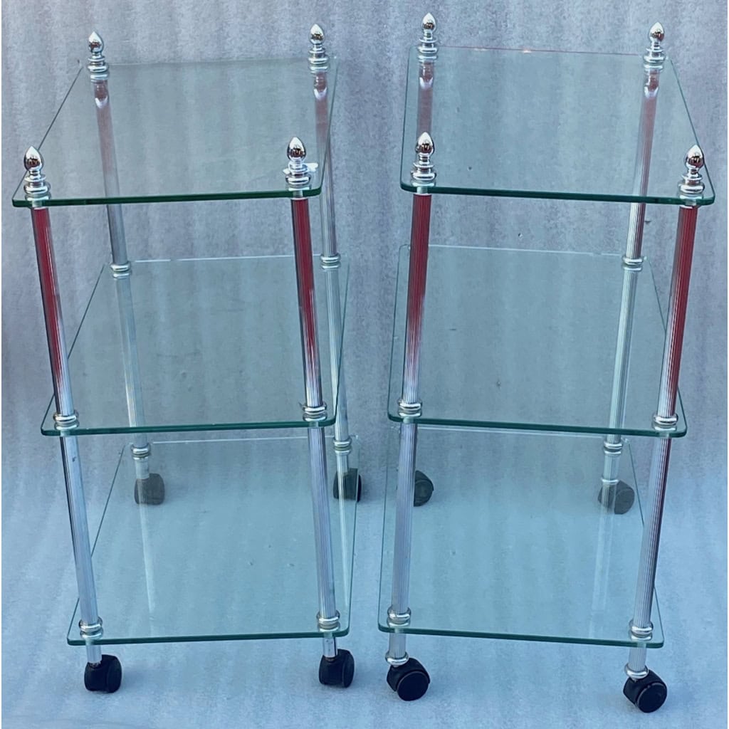 1970/80 ′ Paire D’ Étagères A Roulettes A 3 niveaux Style Maison Baguès Laiton Chromé Et Verre | Biron ||||||||||||