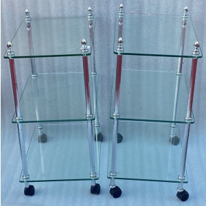 1970/80 ′ Paire D’ Étagères A Roulettes A 3 niveaux Style Maison Baguès Laiton Chromé Et Verre