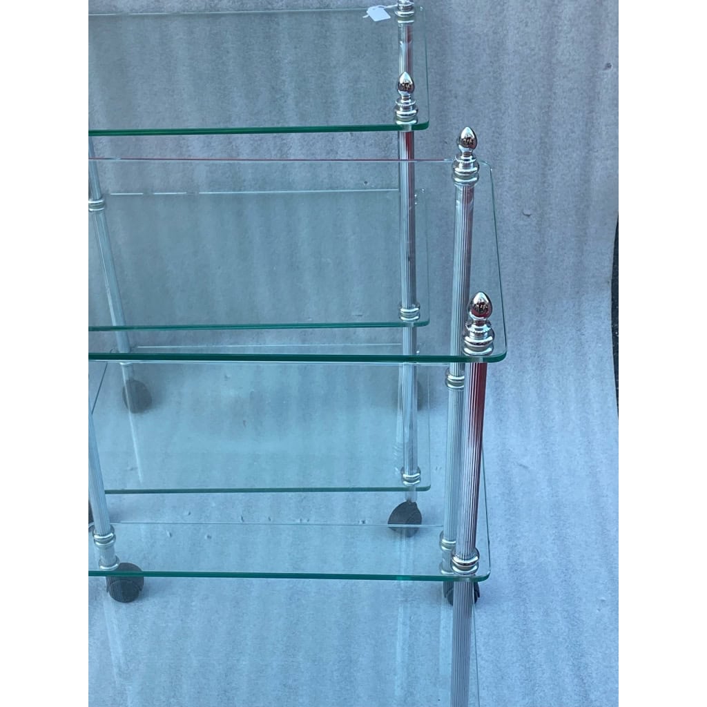 1970/80 ′ Paire D’ Étagères A Roulettes A 3 niveaux Style Maison Baguès Laiton Chromé Et Verre | Biron 1970/80 ′ Paire D’ Étagères A Roulettes A 3 niveaux Style Maison Baguès Laiton Chromé Et Verre