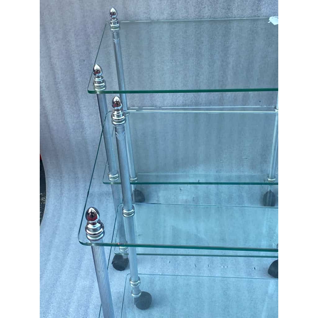 1970/80 ′ Paire D’ Étagères A Roulettes A 3 niveaux Style Maison Baguès Laiton Chromé Et Verre | Biron 1970/80 ′ Paire D’ Étagères A Roulettes A 3 niveaux Style Maison Baguès Laiton Chromé Et Verre