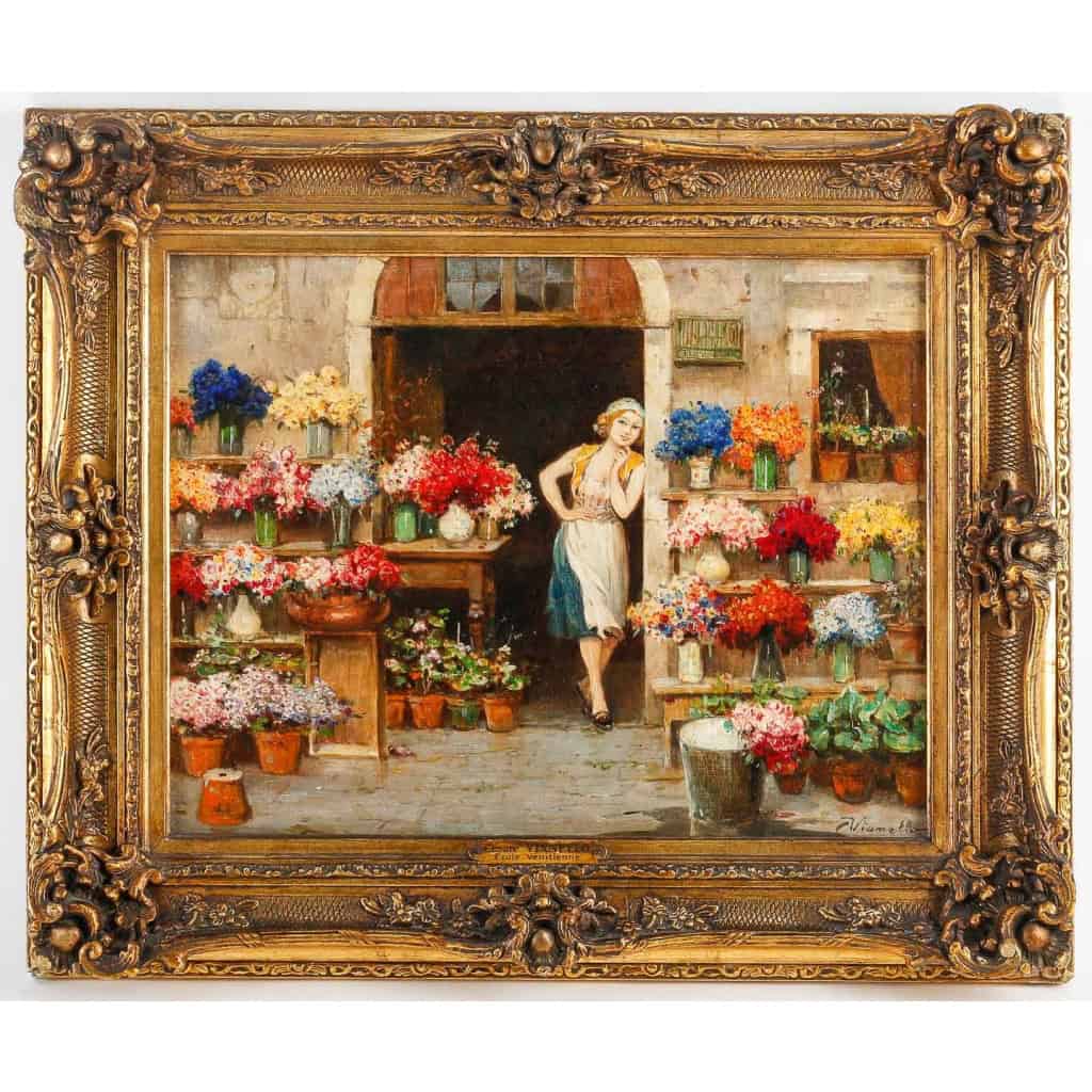 Huile sur toile, « La marchande de fleurs de Venise », par Cesare Vianello, fin XIXème siècle | Biron ||||||||||