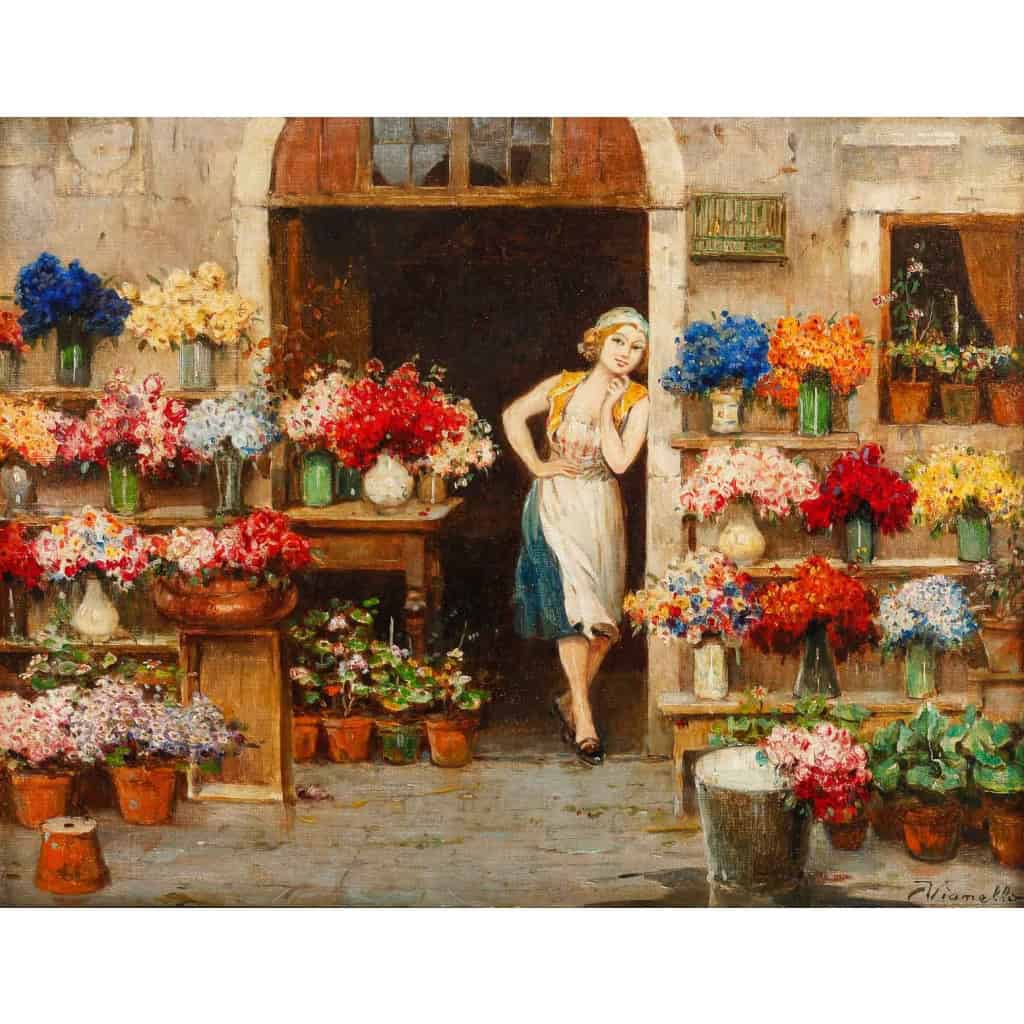 Huile sur toile, « La marchande de fleurs de Venise », par Cesare Vianello, fin XIXème siècle | Biron Huile sur toile, "La marchande de fleurs de Venise", par Cesare Vianello, fin XIXème siècle