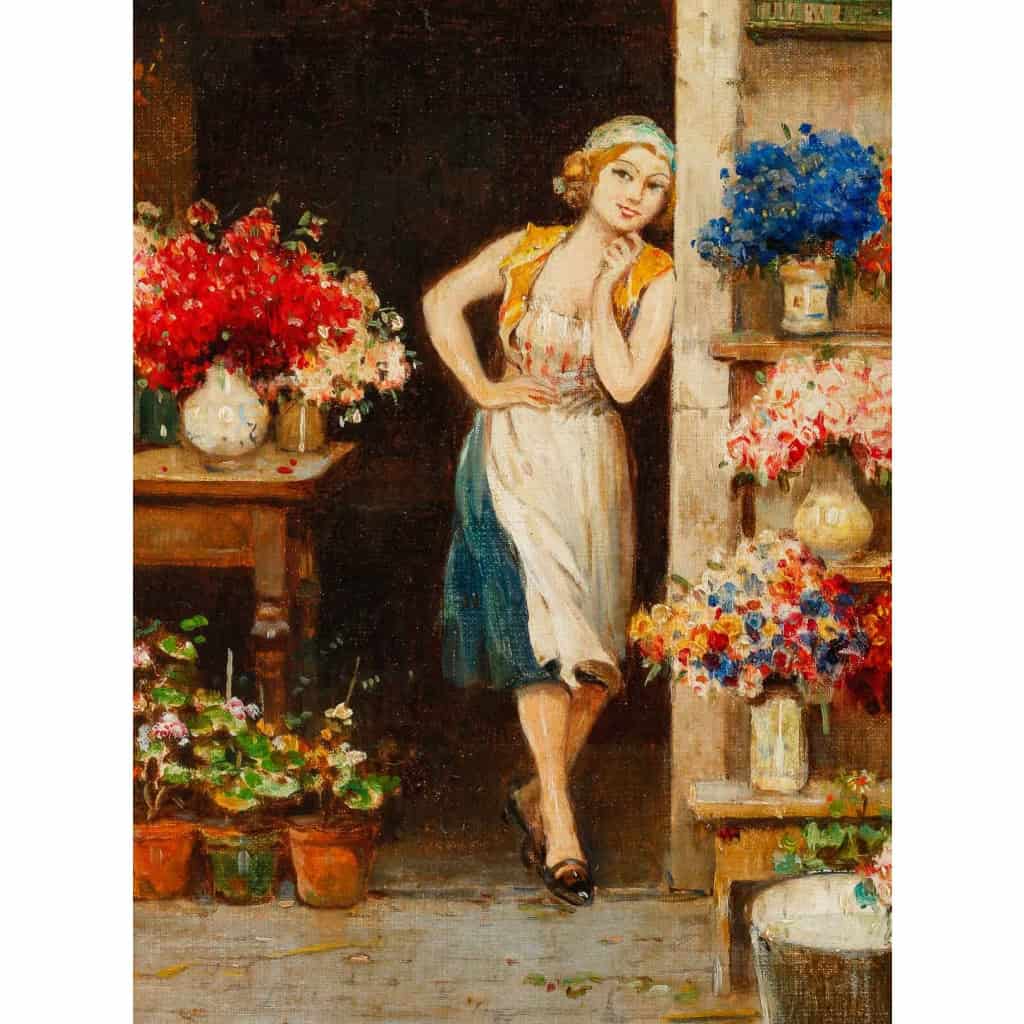 Huile sur toile, « La marchande de fleurs de Venise », par Cesare Vianello, fin XIXème siècle | Biron Huile sur toile, "La marchande de fleurs de Venise", par Cesare Vianello, fin XIXème siècle