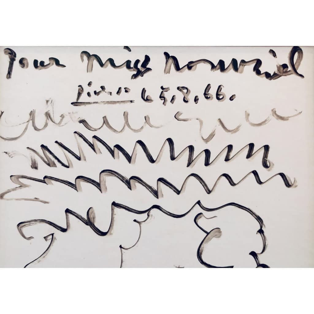 Picasso Pablo Autoportrait Dessin Feutre Signé Dédicacé à Miss Nombril daté 5.8.66 Certificat d’authenticité | Biron Picasso Pablo Autoportrait Dessin Feutre Signé Dédicacé à Miss Nombril daté 5.8.66 Certificat