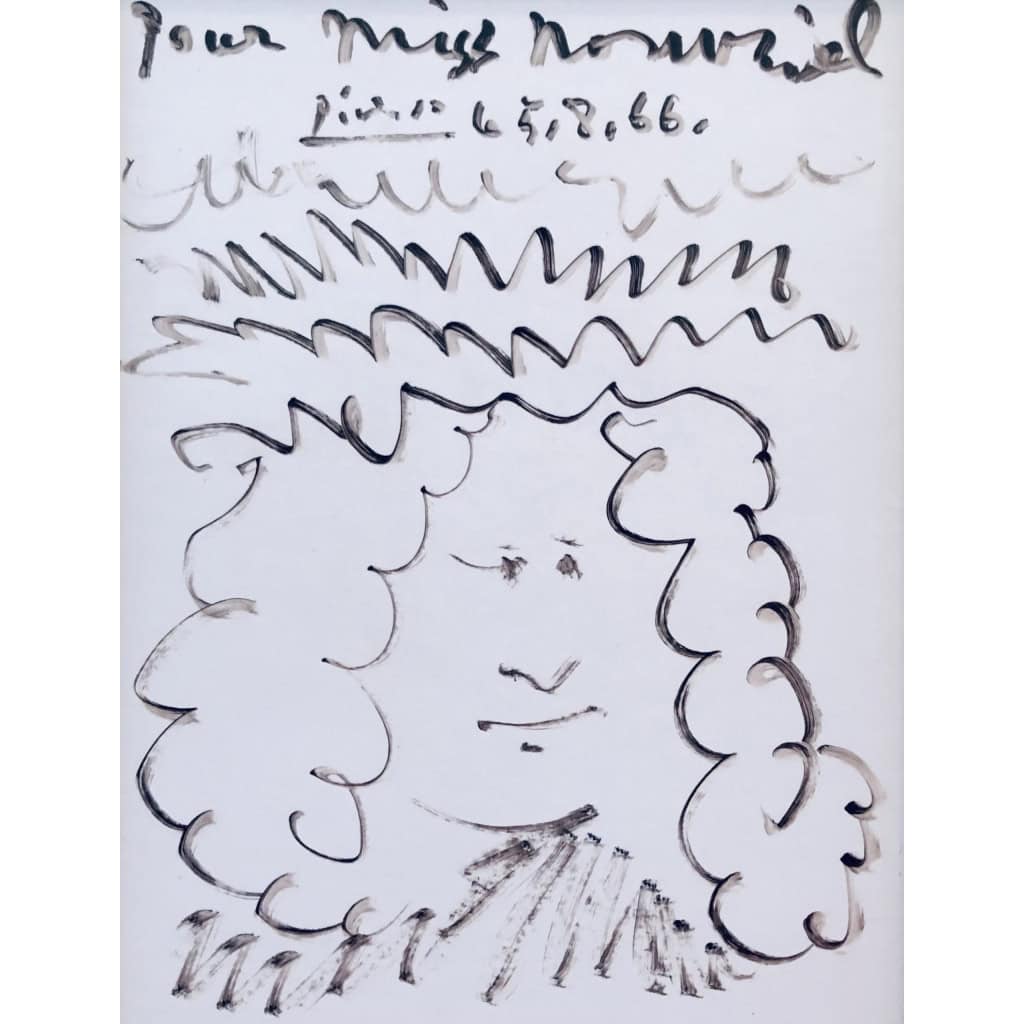 Picasso Pablo Autoportrait Dessin Feutre Signé Dédicacé à Miss Nombril daté 5.8.66 Certificat d’authenticité | Biron Picasso Pablo Autoportrait Dessin Feutre Signé Dédicacé à Miss Nombril daté 5.8.66 Certificat