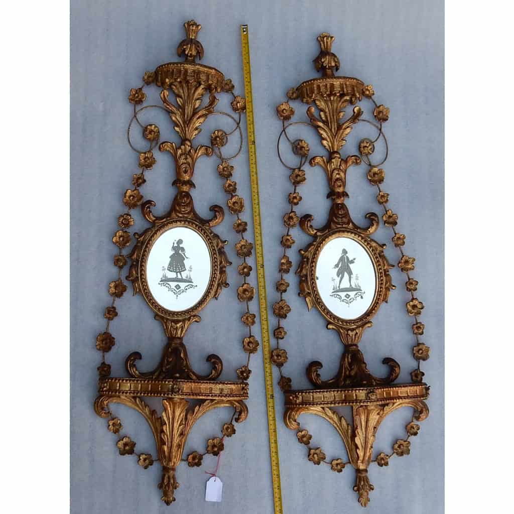 1950/70 Paire d’Appliques Bois Doré Venise Romantiques Console Et Guirlandes Miroirs Gravés Monsieur Et Madame | Biron |||||||||||||||