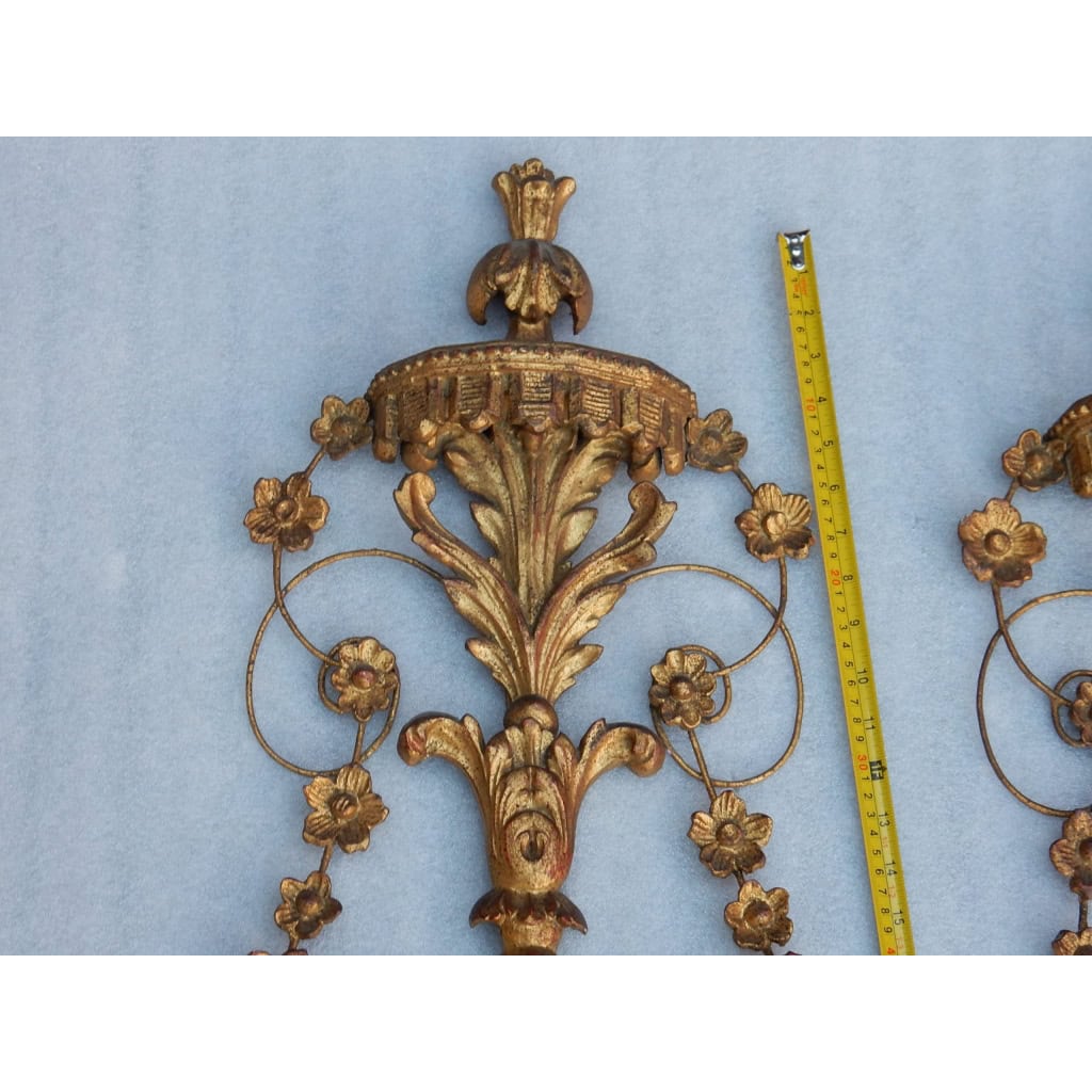 1950/70 Paire d’Appliques Bois Doré Venise Romantiques Console Et Guirlandes Miroirs Gravés Monsieur Et Madame | Biron 1950/70 Paire d’Appliques Bois Doré Venise Romantiques Console Et Guirlandes Miroirs Gravés Monsieur Et Madame