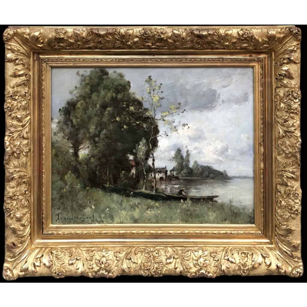 TROUILLEBERT Tableau Français 19è Barbizon Pêcheur En Barque Huile Signée Catalogue Raisonné Certificat d’authenticité | Biron |||||||||||