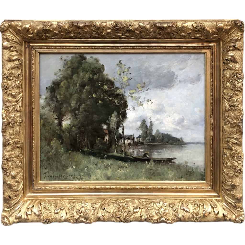 TROUILLEBERT Tableau Français 19è Barbizon Pêcheur En Barque Huile Signée Catalogue Raisonné Certificat d’authenticité | Biron TROUILLEBERT Tableau Français 19è Barbizon Pêcheur En Barque Huile Signée Catalogue Raisonné