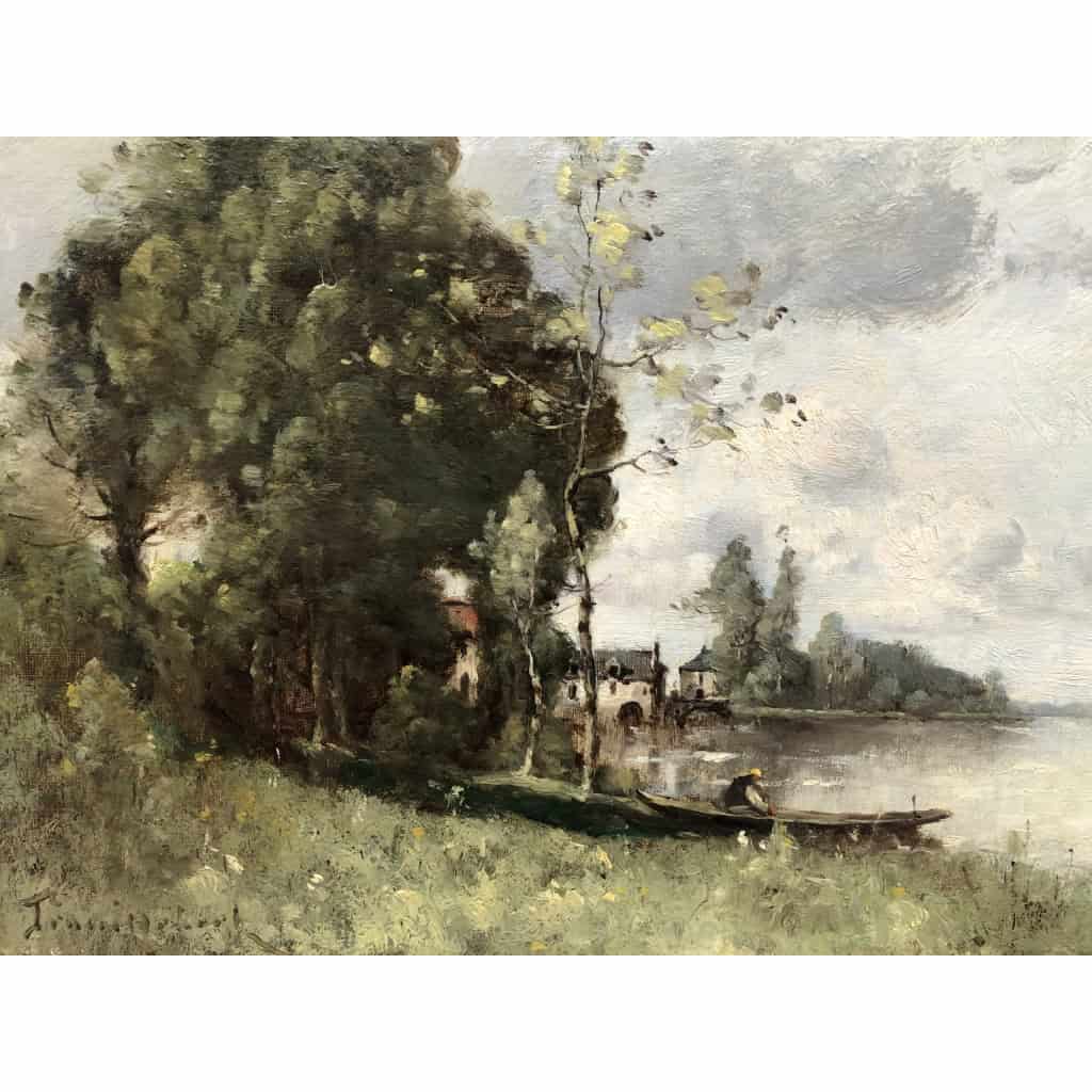 TROUILLEBERT Tableau Français 19è Barbizon Pêcheur En Barque Huile Signée Catalogue Raisonné Certificat d’authenticité | Biron TROUILLEBERT Tableau Français 19è Barbizon Pêcheur En Barque Huile Signée Catalogue Raisonné