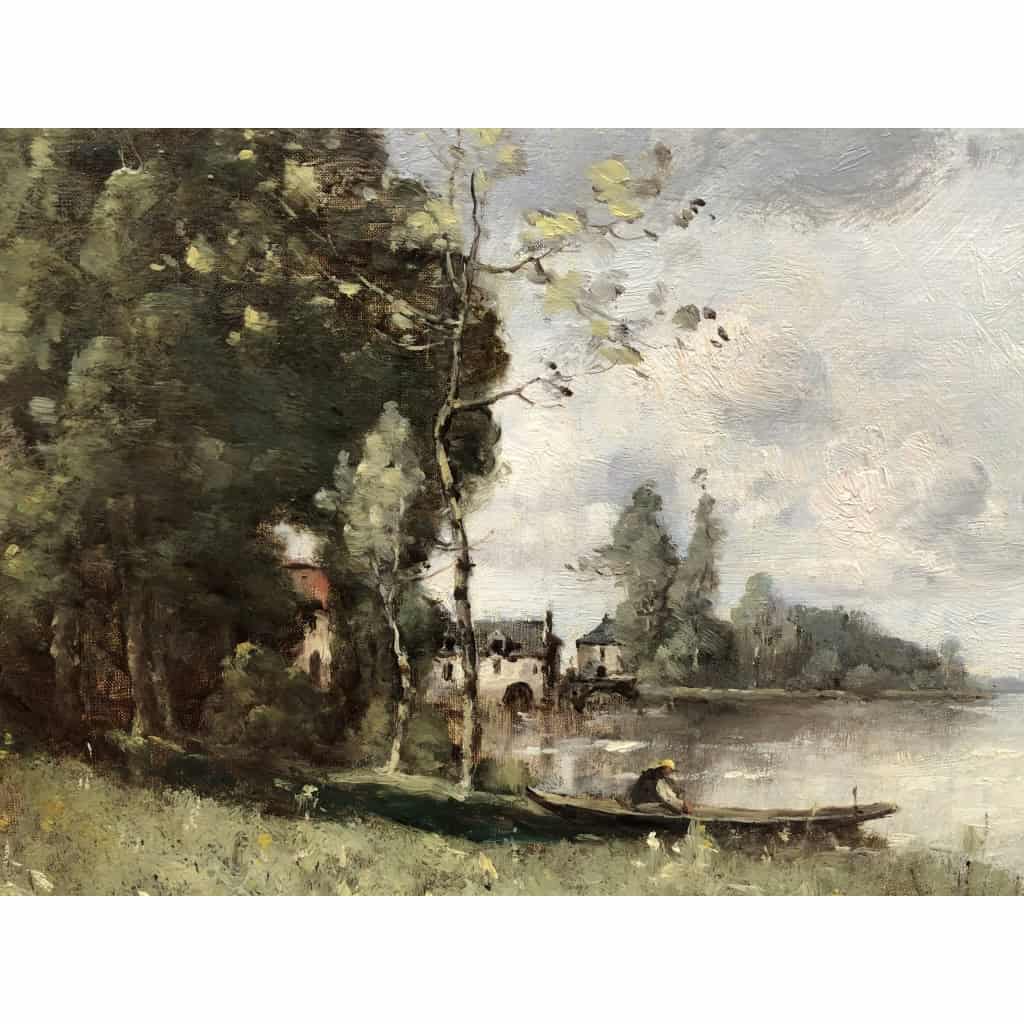 TROUILLEBERT Tableau Français 19è Barbizon Pêcheur En Barque Huile Signée Catalogue Raisonné Certificat d’authenticité | Biron TROUILLEBERT Tableau Français 19è Barbizon Pêcheur En Barque Huile Signée Catalogue Raisonné