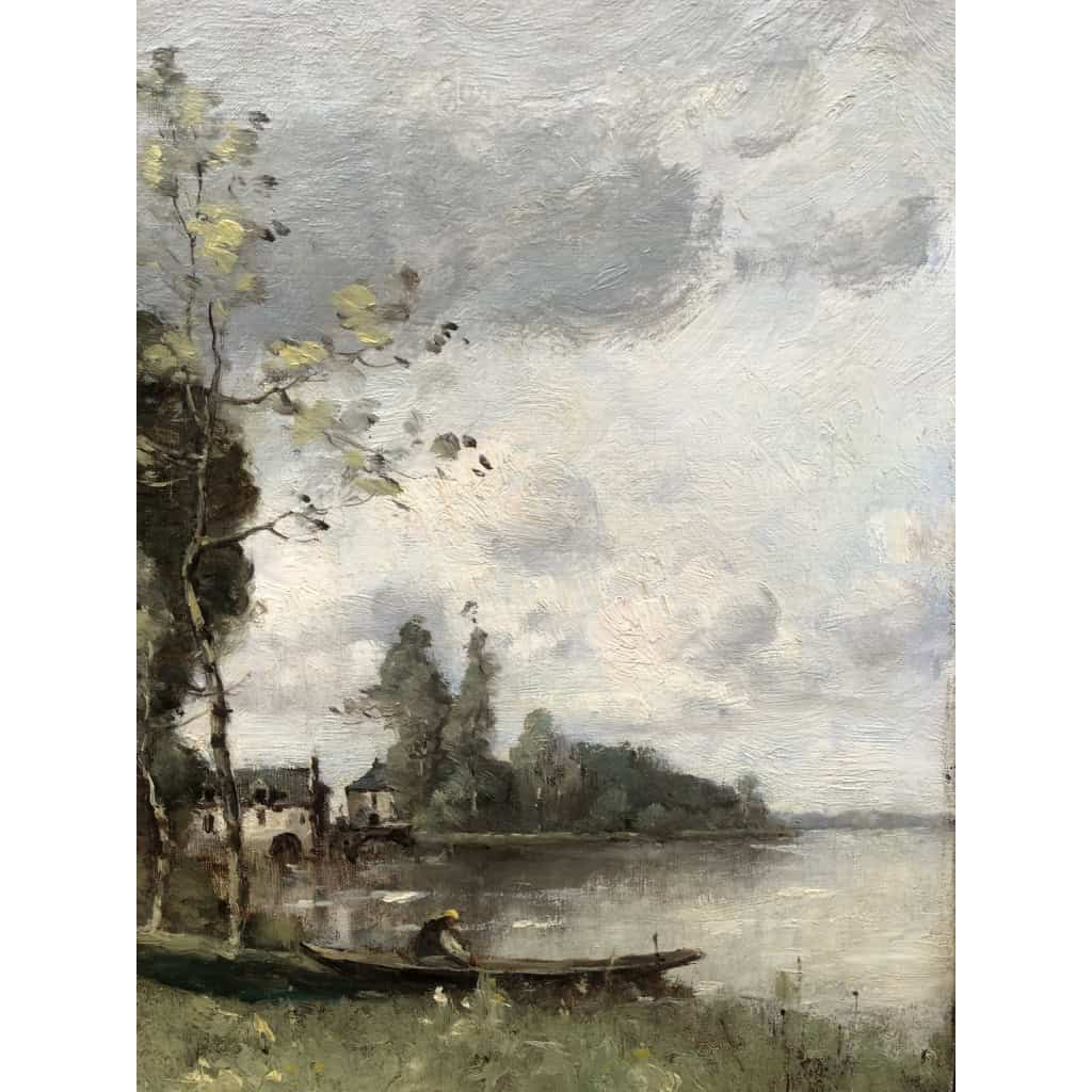 TROUILLEBERT Tableau Français 19è Barbizon Pêcheur En Barque Huile Signée Catalogue Raisonné Certificat d’authenticité | Biron TROUILLEBERT Tableau Français 19è Barbizon Pêcheur En Barque Huile Signée Catalogue Raisonné