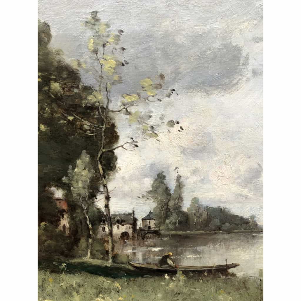 TROUILLEBERT Tableau Français 19è Barbizon Pêcheur En Barque Huile Signée Catalogue Raisonné Certificat d’authenticité | Biron TROUILLEBERT Tableau Français 19è Barbizon Pêcheur En Barque Huile Signée Catalogue Raisonné
