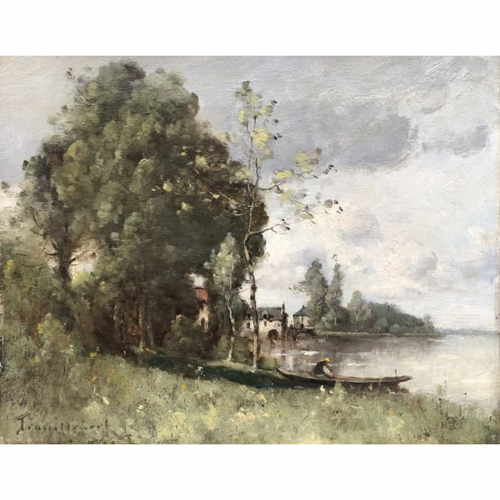 TROUILLEBERT Tableau Français 19è Barbizon Pêcheur En Barque Huile Signée Catalogue Raisonné Certificat d’authenticité | Biron TROUILLEBERT Tableau Français 19è Barbizon Pêcheur En Barque Huile Signée Catalogue Raisonné