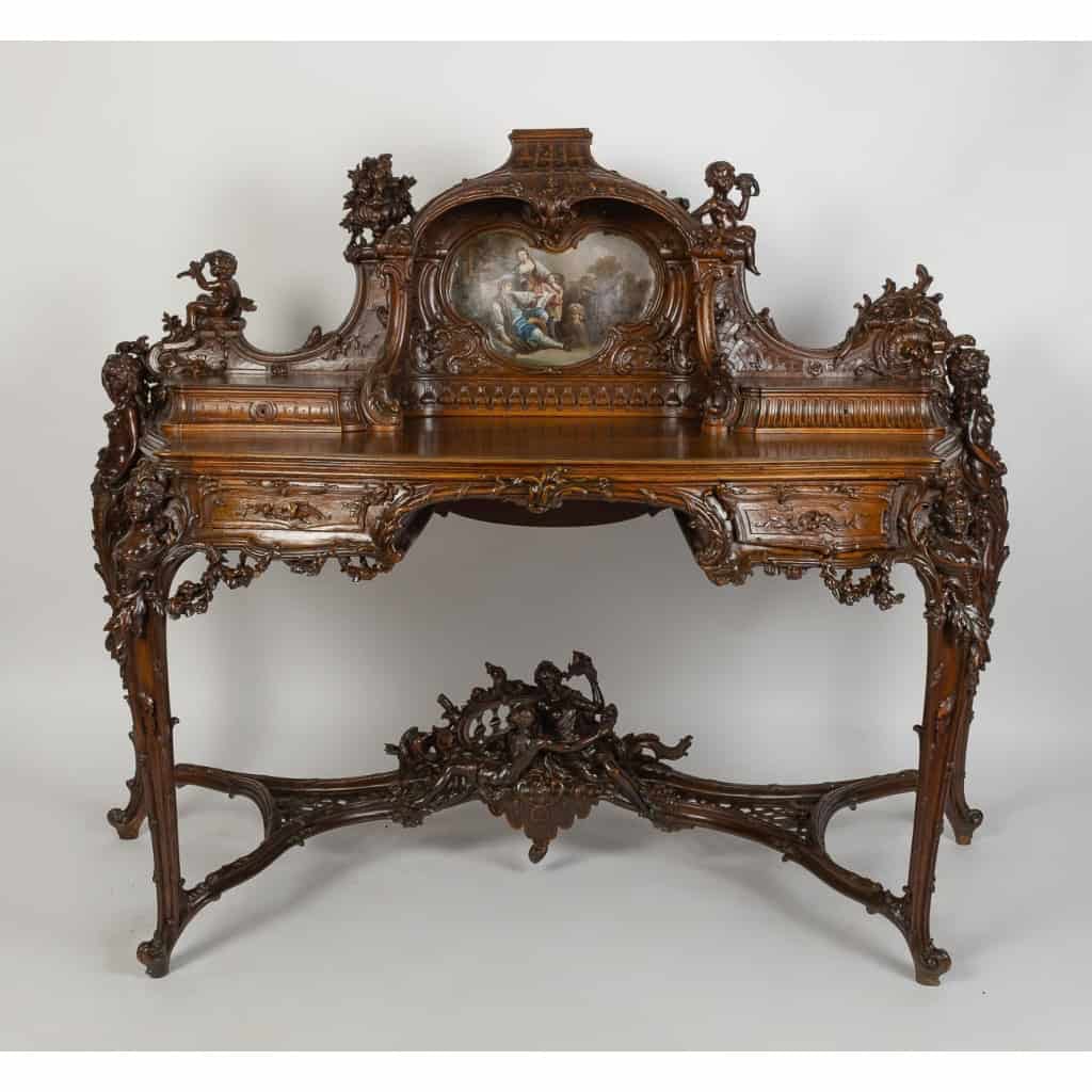 Spectaculaire bureau à gradins en noyer, avec peinture signée P. Soulet et daté de 1896 | Biron |||||||||||||||||