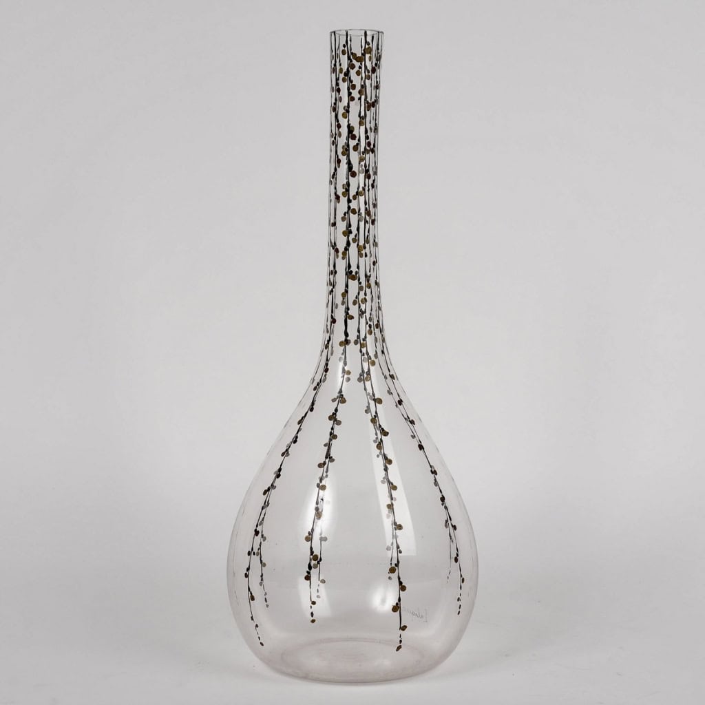 Carafe « Delvaux » verre blanc émaillé noir et doré de René LALIQUE | Biron Carafe "Delvaux" verre blanc émaillé noir et doré de René LALIQUE