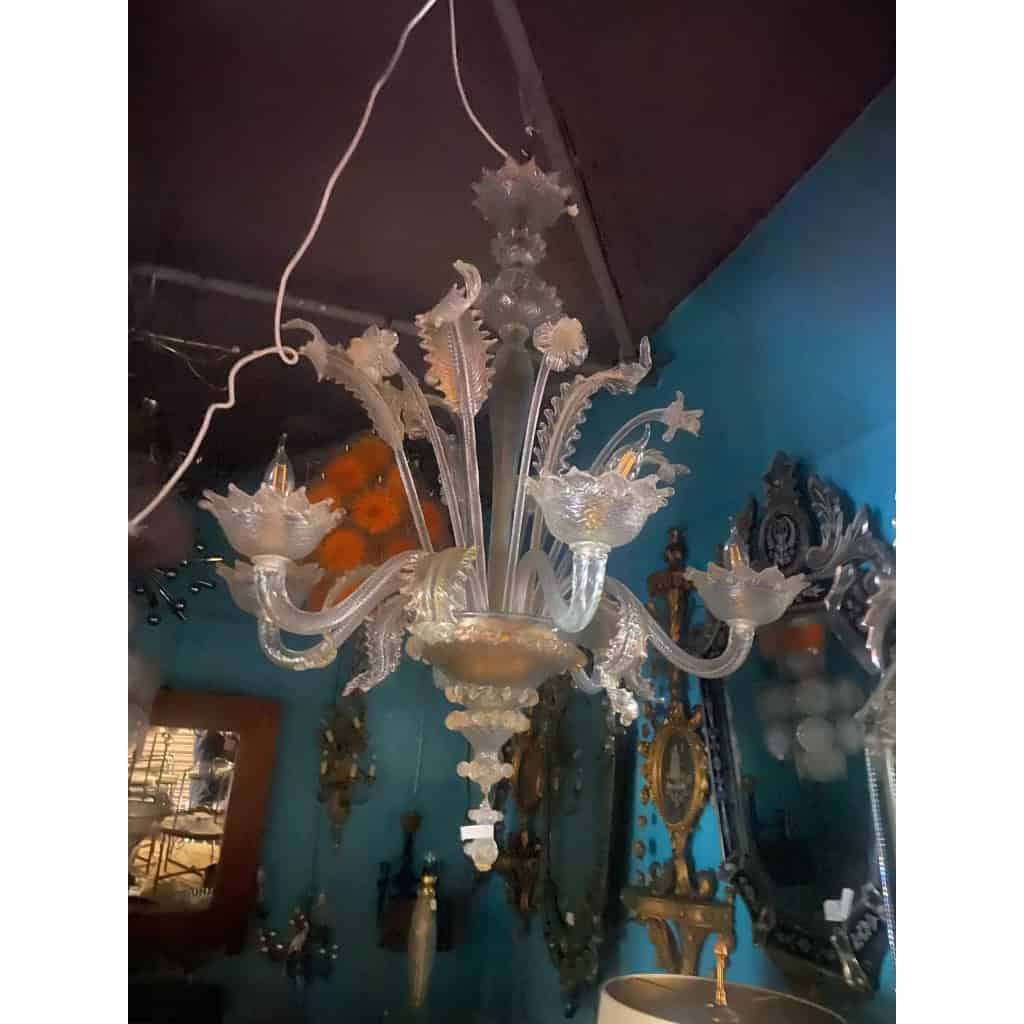 1950′ Lustre Cristal Murano Avec Inclusions Feuilles d’Or 6 Branches | Biron ||||||||||||||