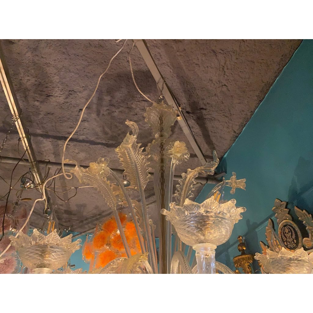 1950′ Lustre Cristal Murano Avec Inclusions Feuilles d’Or 6 Branches | Biron 1950′ Lustre Cristal Murano Avec Inclusions Feuilles d’Or 6 Branches