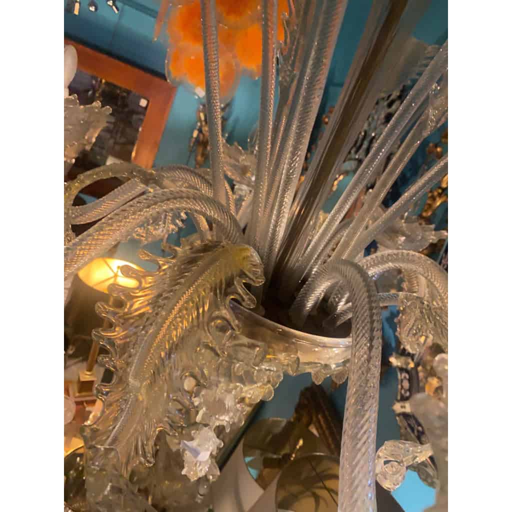 1950′ Lustre Cristal Murano Avec Inclusions Feuilles d’Or 6 Branches | Biron 1950′ Lustre Cristal Murano Avec Inclusions Feuilles d’Or 6 Branches
