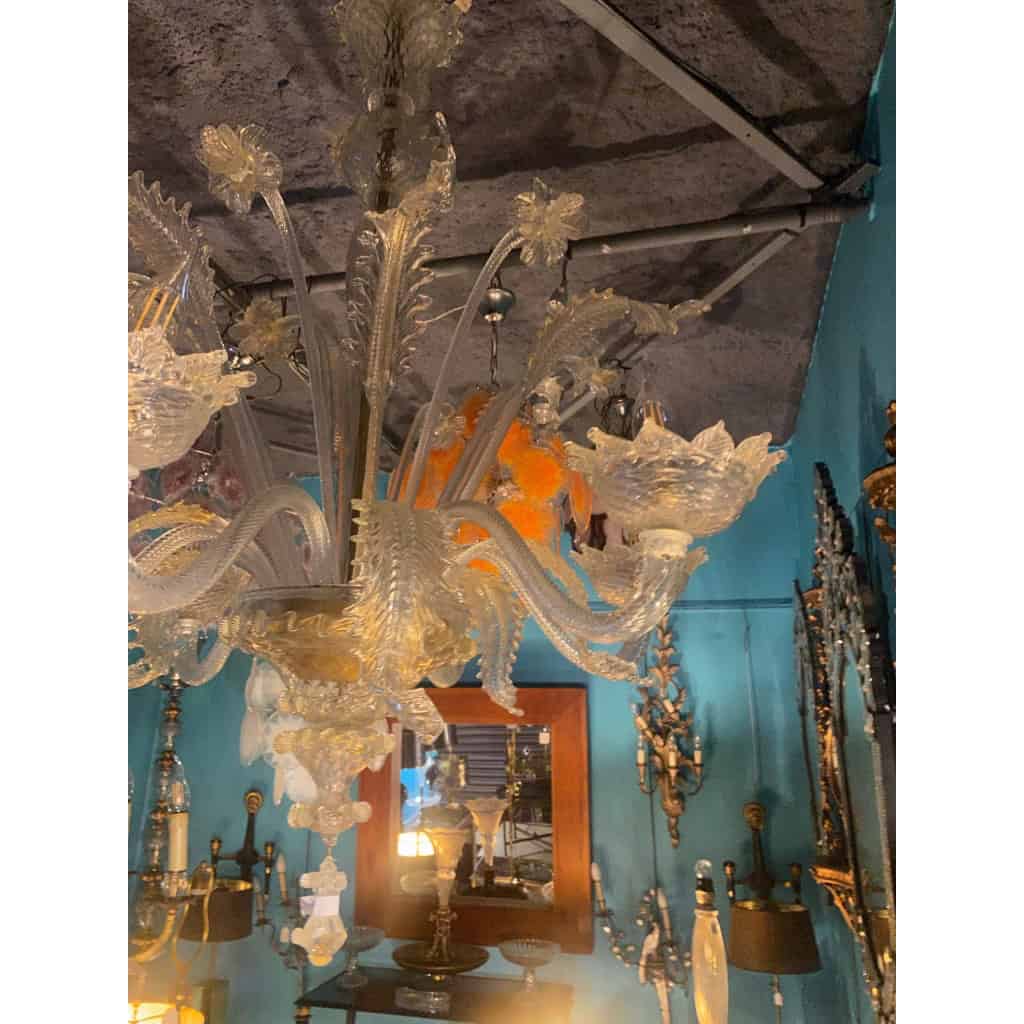 1950′ Lustre Cristal Murano Avec Inclusions Feuilles d’Or 6 Branches | Biron 1950′ Lustre Cristal Murano Avec Inclusions Feuilles d’Or 6 Branches