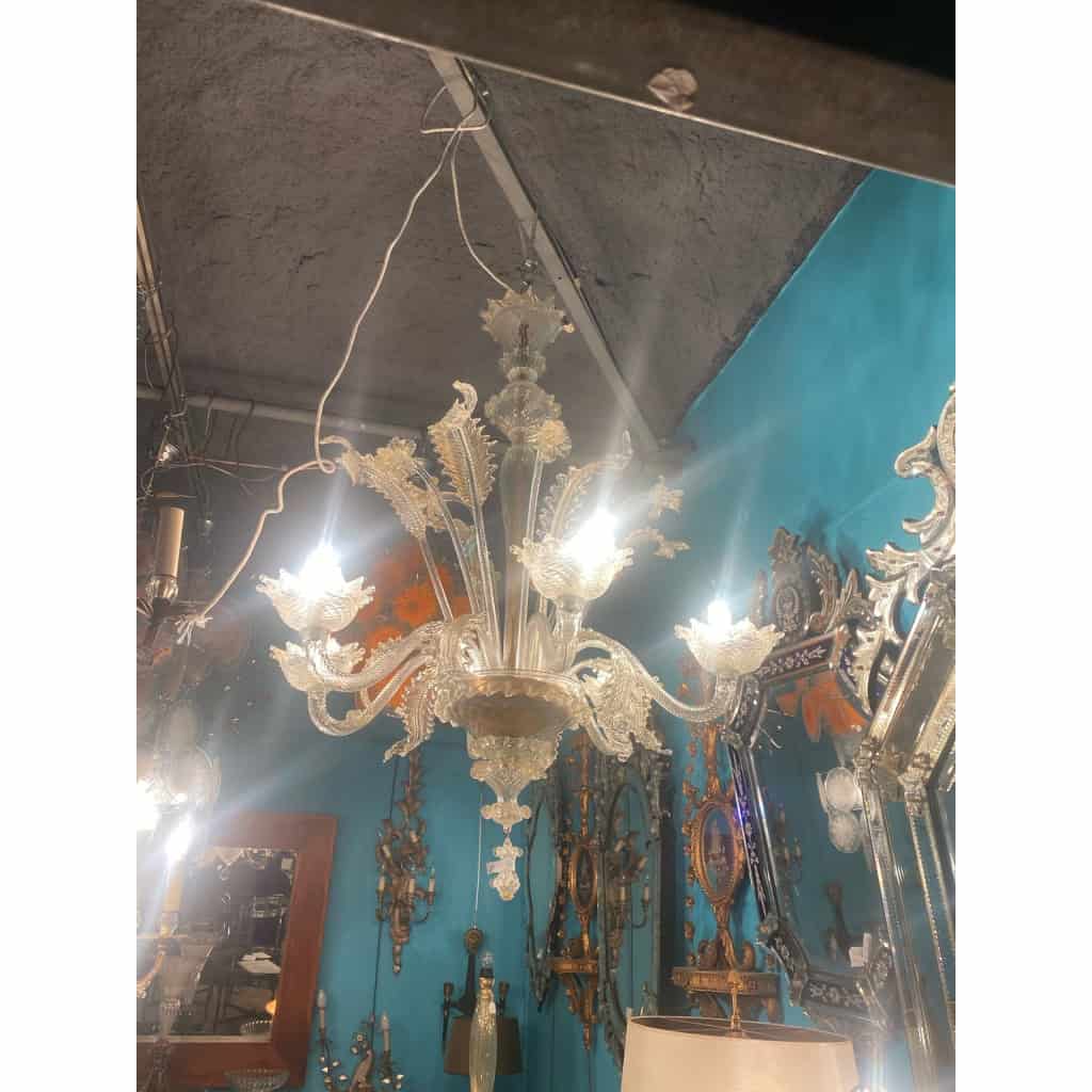 1950′ Lustre Cristal Murano Avec Inclusions Feuilles d’Or 6 Branches | Biron 1950′ Lustre Cristal Murano Avec Inclusions Feuilles d’Or 6 Branches