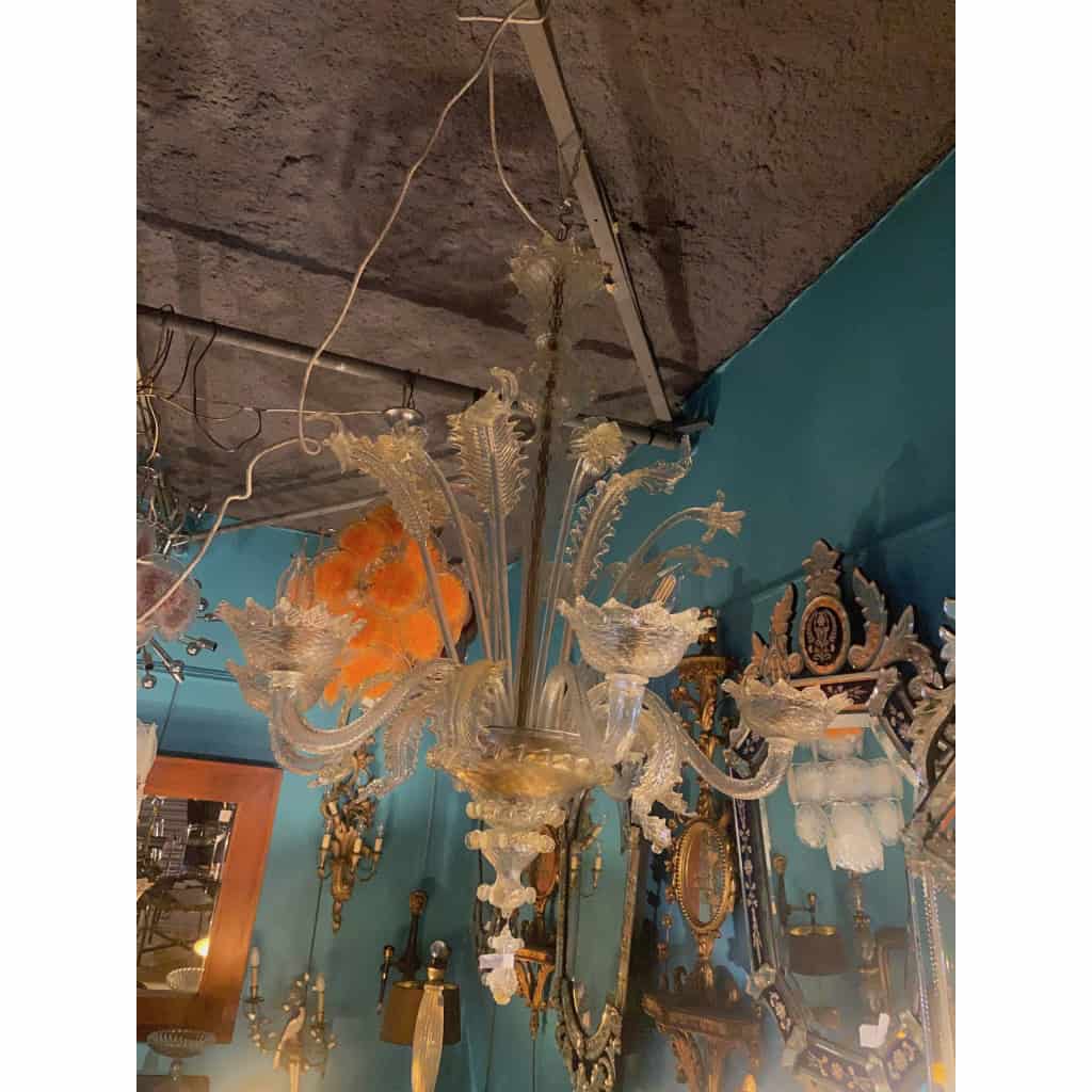 1950′ Lustre Cristal Murano Avec Inclusions Feuilles d’Or 6 Branches | Biron 1950′ Lustre Cristal Murano Avec Inclusions Feuilles d’Or 6 Branches