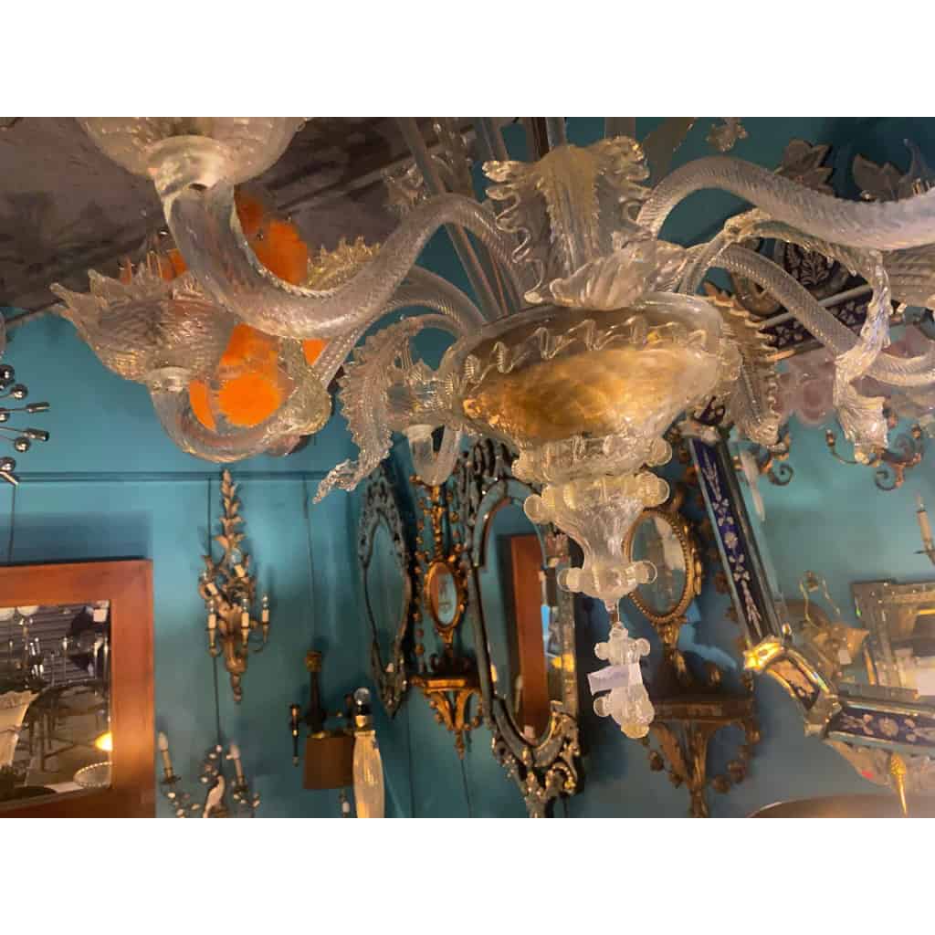1950′ Lustre Cristal Murano Avec Inclusions Feuilles d’Or 6 Branches | Biron 1950′ Lustre Cristal Murano Avec Inclusions Feuilles d’Or 6 Branches