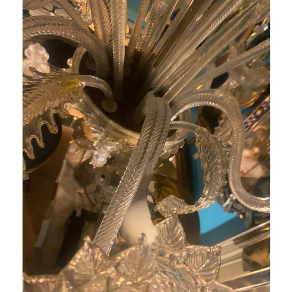 1950′ Lustre Cristal Murano Avec Inclusions Feuilles d’Or 6 Branches | Biron 1950′ Lustre Cristal Murano Avec Inclusions Feuilles d’Or 6 Branches