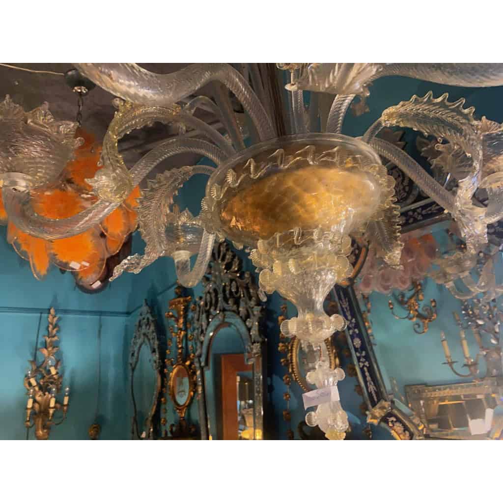 1950′ Lustre Cristal Murano Avec Inclusions Feuilles d’Or 6 Branches | Biron 1950′ Lustre Cristal Murano Avec Inclusions Feuilles d’Or 6 Branches