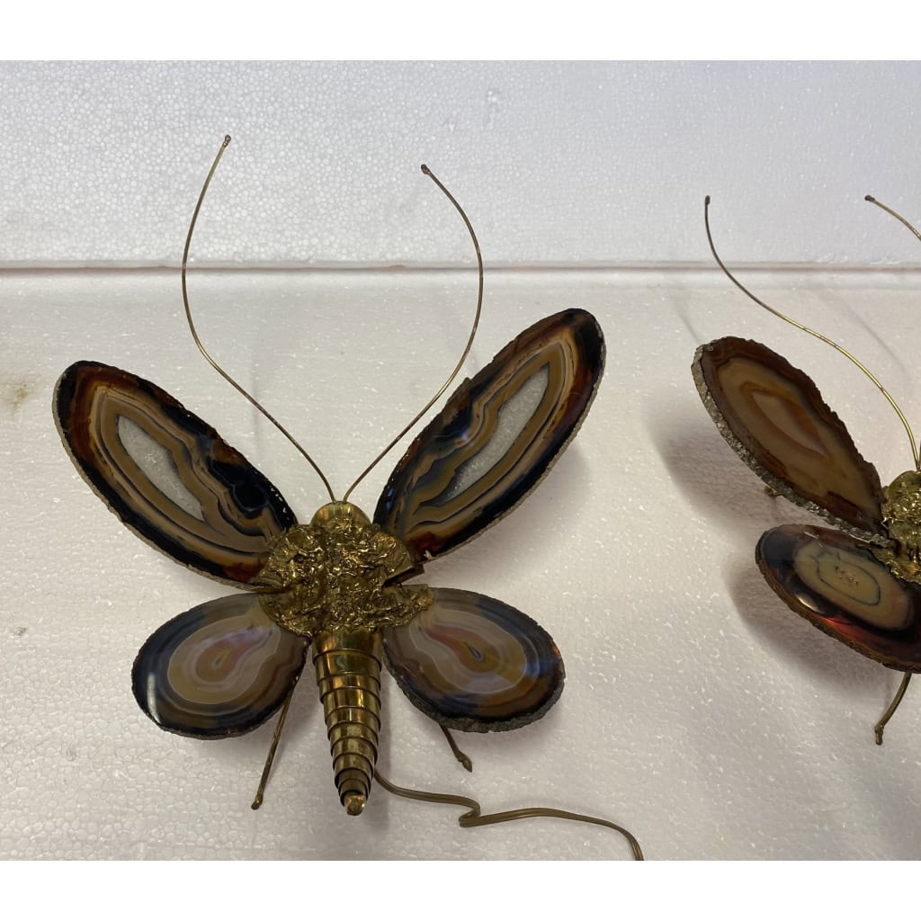 1970’ Paire D’Appliques Papillon en Bronze ou Laiton, Duval Brasseur Ou Isabelle Faure, 1 Ampoule, Ailes d’Agate | Biron 1970’ Paire D’Appliques Papillon en Bronze ou Laiton, Duval Brasseur Ou Isabelle Faure, 1 Ampoule, Ailes d’Agate