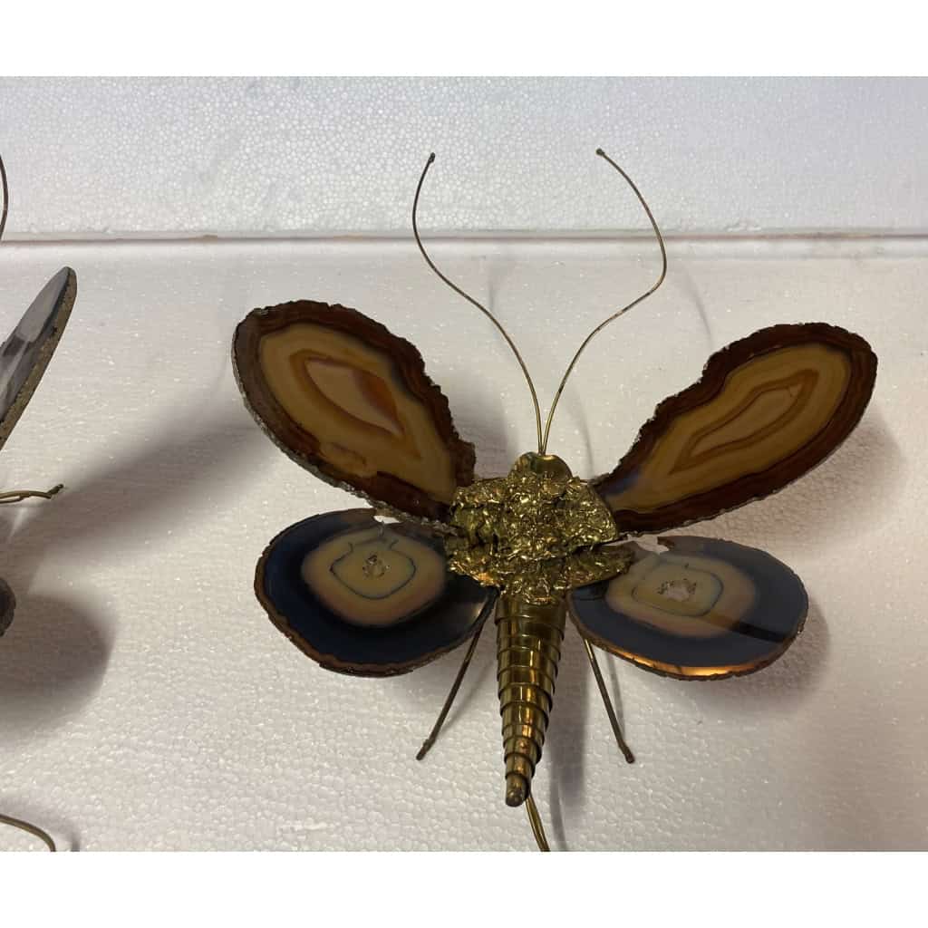 1970’ Paire D’Appliques Papillon en Bronze ou Laiton, Duval Brasseur Ou Isabelle Faure, 1 Ampoule, Ailes d’Agate | Biron 1970’ Paire D’Appliques Papillon en Bronze ou Laiton, Duval Brasseur Ou Isabelle Faure, 1 Ampoule, Ailes d’Agate