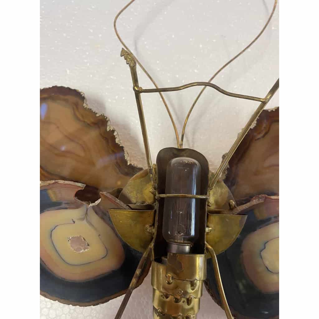 1970’ Paire D’Appliques Papillon en Bronze ou Laiton, Duval Brasseur Ou Isabelle Faure, 1 Ampoule, Ailes d’Agate | Biron 1970’ Paire D’Appliques Papillon en Bronze ou Laiton, Duval Brasseur Ou Isabelle Faure, 1 Ampoule, Ailes d’Agate