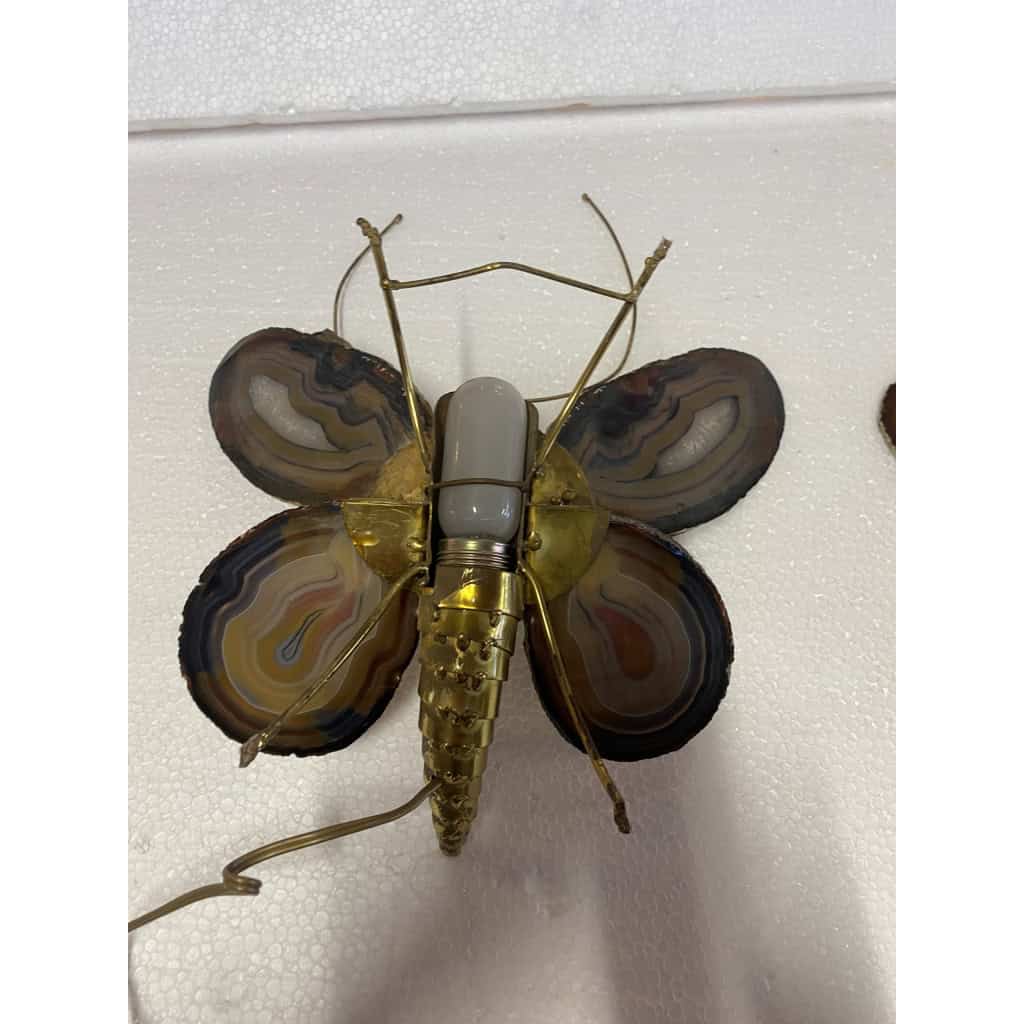 1970’ Paire D’Appliques Papillon en Bronze ou Laiton, Duval Brasseur Ou Isabelle Faure, 1 Ampoule, Ailes d’Agate | Biron 1970’ Paire D’Appliques Papillon en Bronze ou Laiton, Duval Brasseur Ou Isabelle Faure, 1 Ampoule, Ailes d’Agate