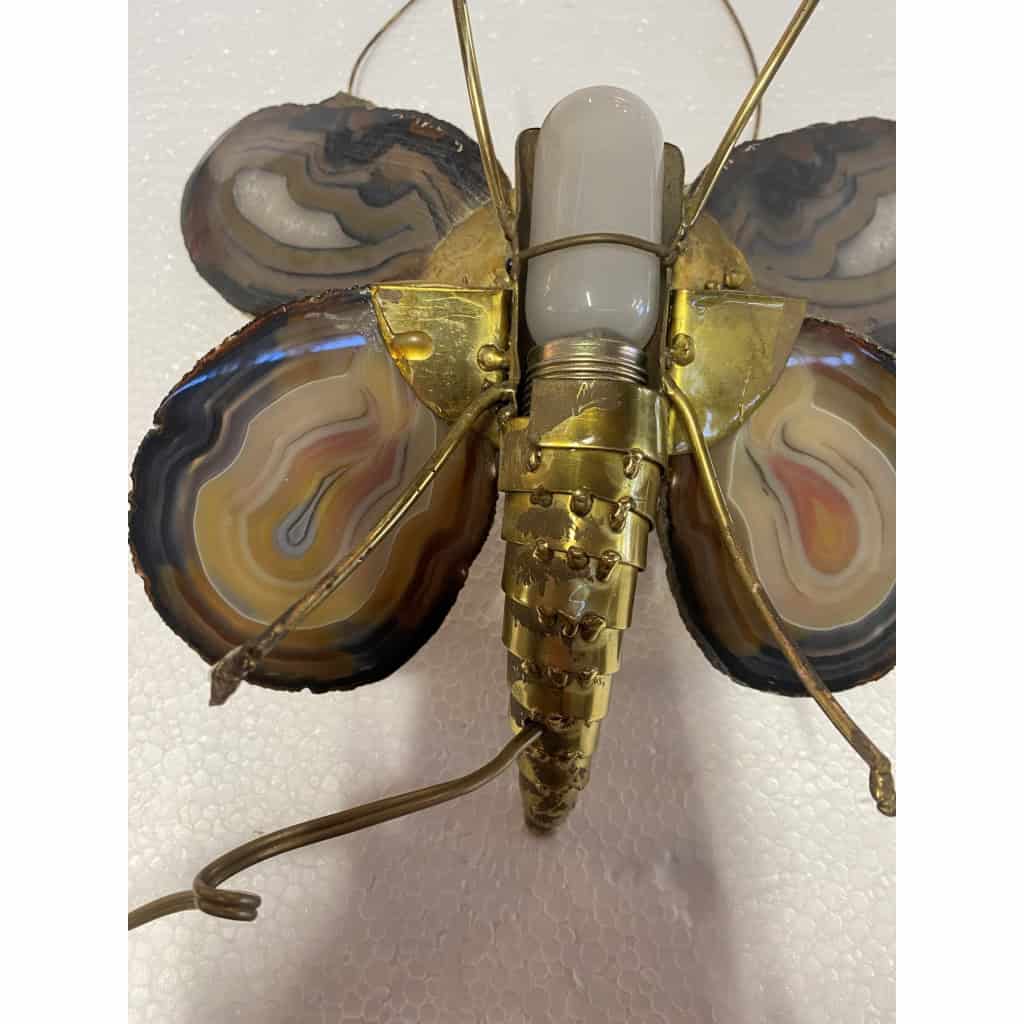 1970’ Paire D’Appliques Papillon en Bronze ou Laiton, Duval Brasseur Ou Isabelle Faure, 1 Ampoule, Ailes d’Agate | Biron 1970’ Paire D’Appliques Papillon en Bronze ou Laiton, Duval Brasseur Ou Isabelle Faure, 1 Ampoule, Ailes d’Agate