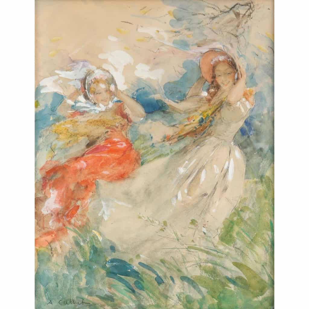Aquarelle sur carton « 2 élégantes dans le vent », d’Antoine Calbet | Biron Aquarelle sur carton "2 élégantes dans le vent", d'Antoine Calbet