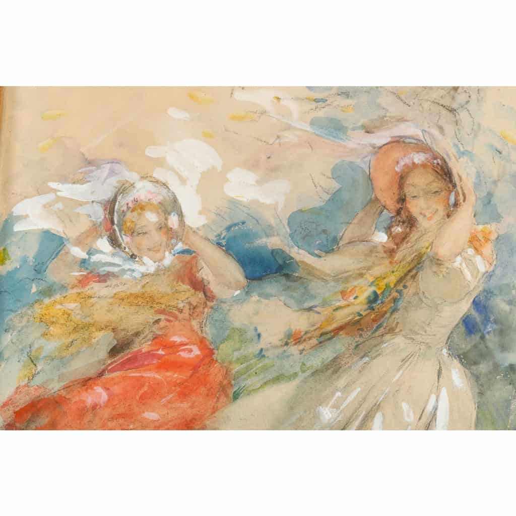 Aquarelle sur carton « 2 élégantes dans le vent », d’Antoine Calbet | Biron Aquarelle sur carton "2 élégantes dans le vent", d'Antoine Calbet