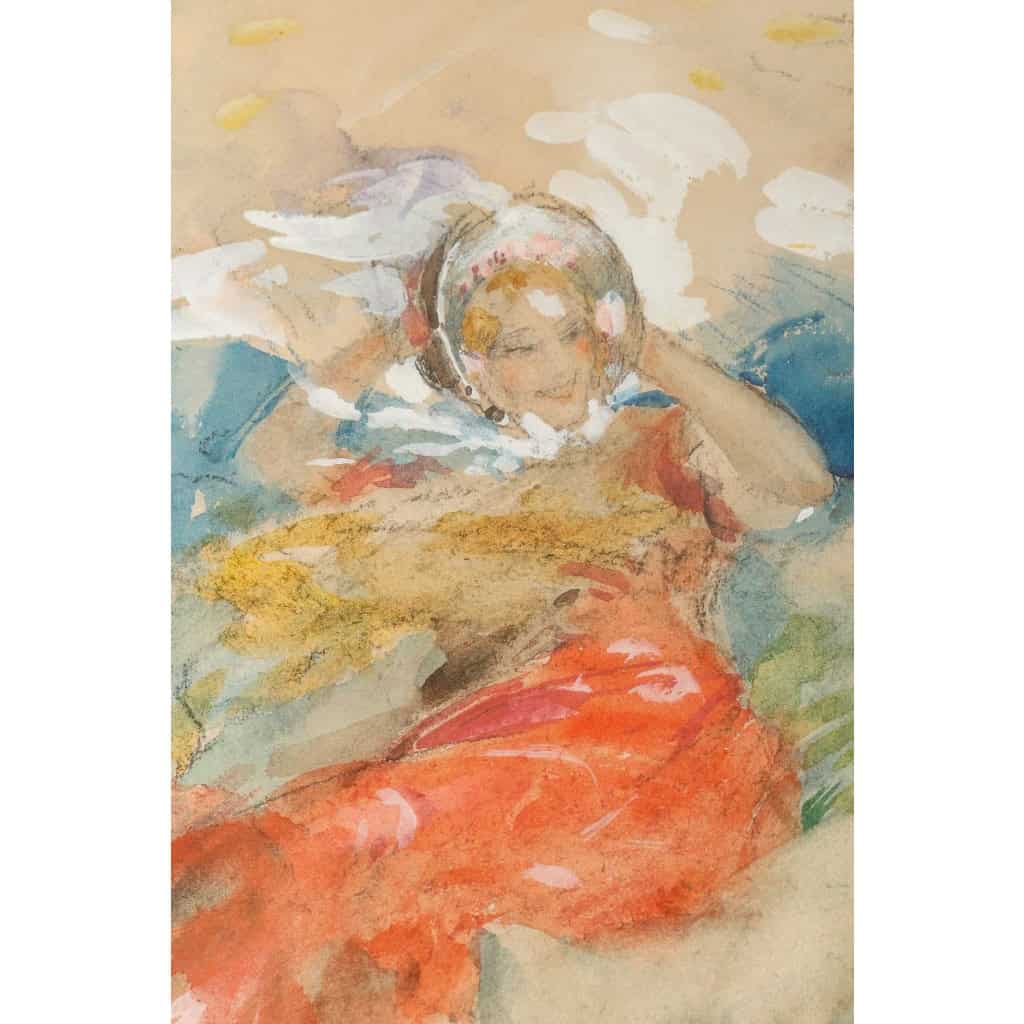 Aquarelle sur carton « 2 élégantes dans le vent », d’Antoine Calbet | Biron Aquarelle sur carton "2 élégantes dans le vent", d'Antoine Calbet