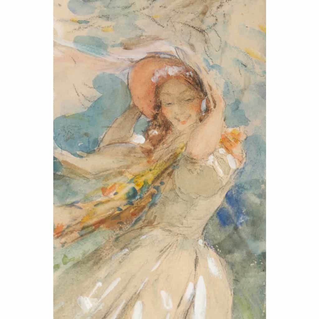 Aquarelle sur carton « 2 élégantes dans le vent », d’Antoine Calbet | Biron Aquarelle sur carton "2 élégantes dans le vent", d'Antoine Calbet